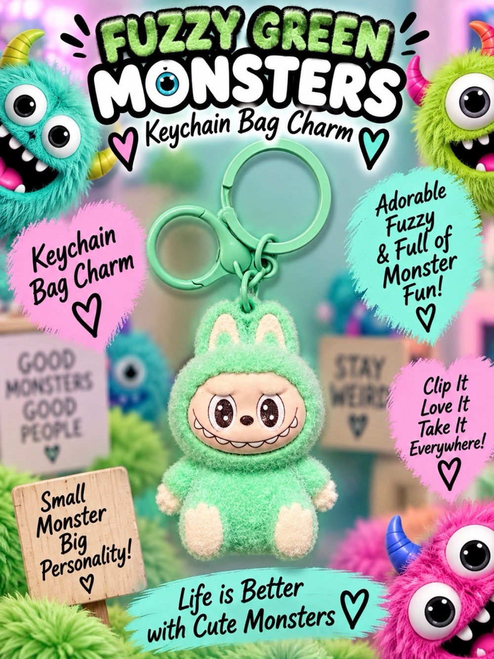 Fuzzy Monsters Keychain Bag Charm - Mint Green